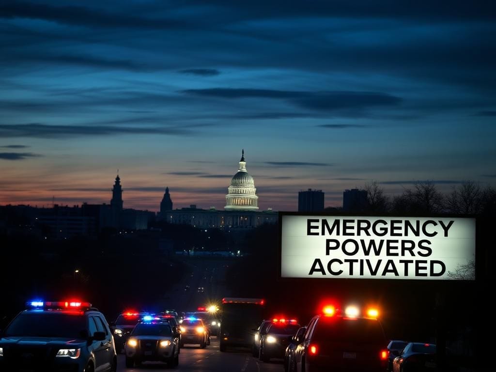 Flick International Dusk view of Washington D.C. skyline with police vehicles and emergency billboard