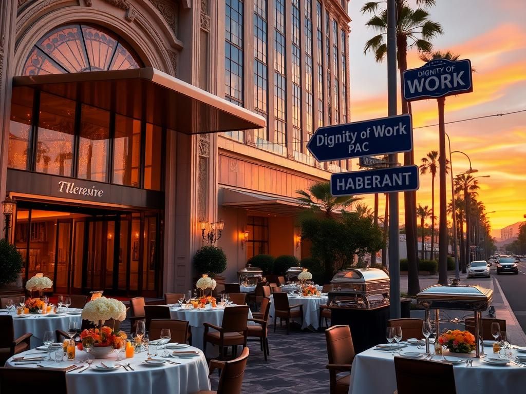 Flick International Luxurious hotel scene on Sunset Boulevard showcasing ornate architecture and lavish dining arrangements.