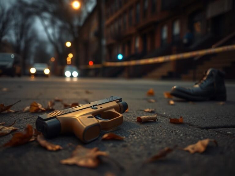 Flick International Tan 9 mm handgun on Brooklyn pavement with autumn leaves