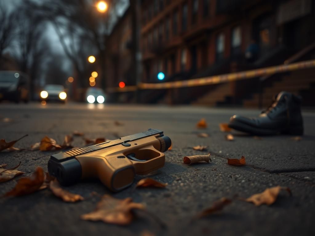 Flick International Tan 9 mm handgun on Brooklyn pavement with autumn leaves