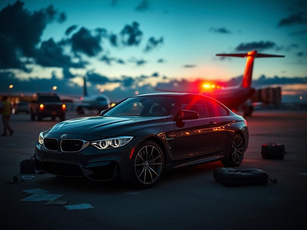 Flick International Abandoned dark BMW at Miami airport tarmac after street racing incident