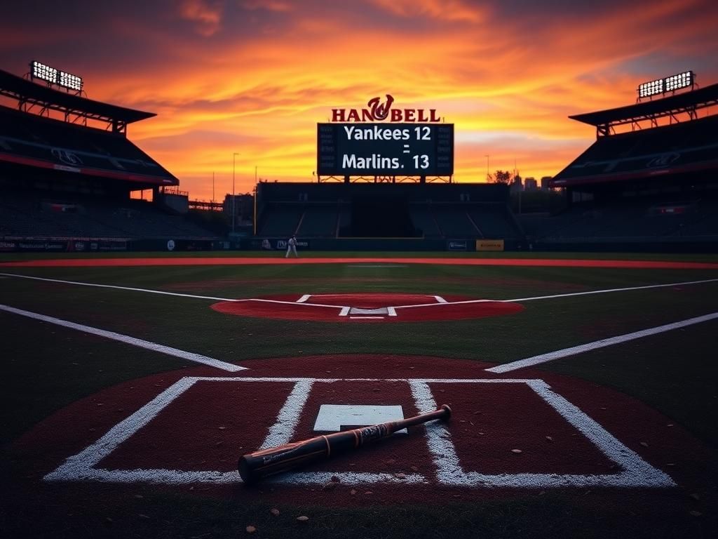 Flick International Dramatic sunset baseball stadium scene depicting an empty diamond after a Yankees loss
