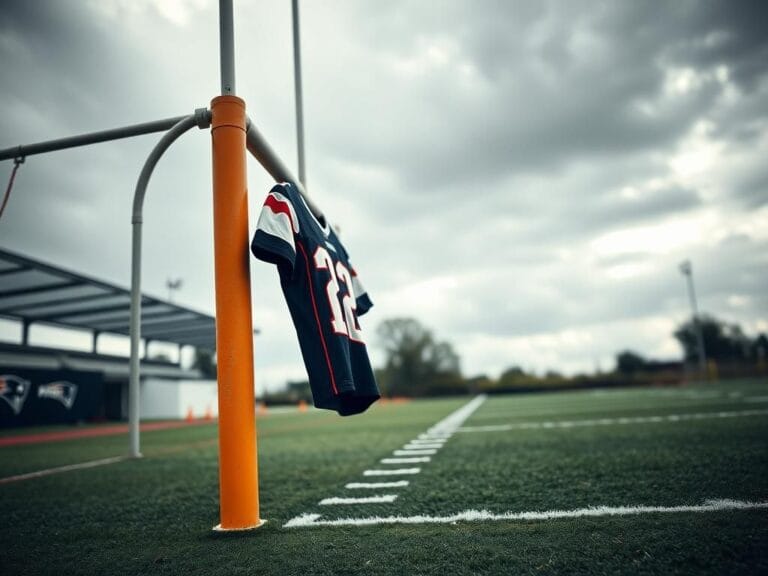Flick International A football field under a cloudy sky with a New England Patriots jersey on the goalpost