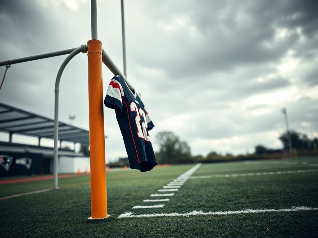 Flick International A football field under a cloudy sky with a New England Patriots jersey on the goalpost