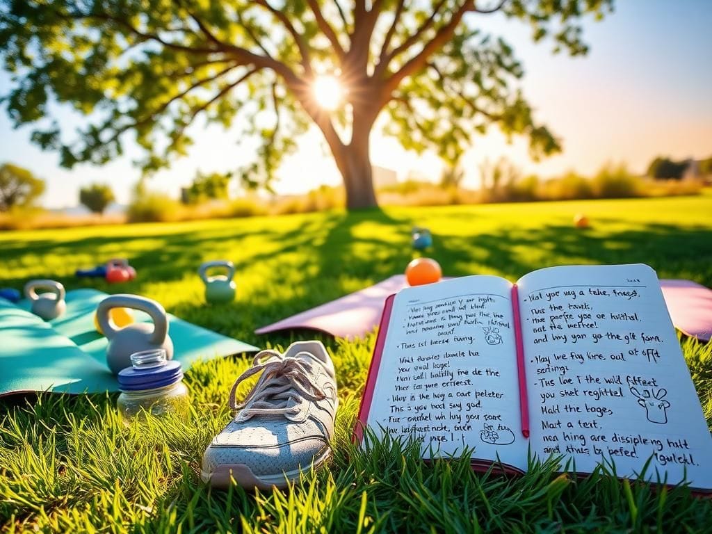 Flick International Vibrant outdoor fitness scene with colorful exercise mats and kettlebells