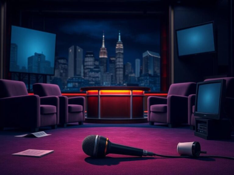Flick International Dimly lit late-night talk show set with empty host's desk and broken microphone