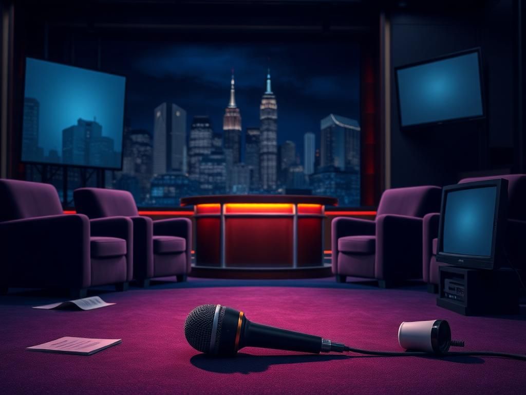 Flick International Dimly lit late-night talk show set with empty host's desk and broken microphone