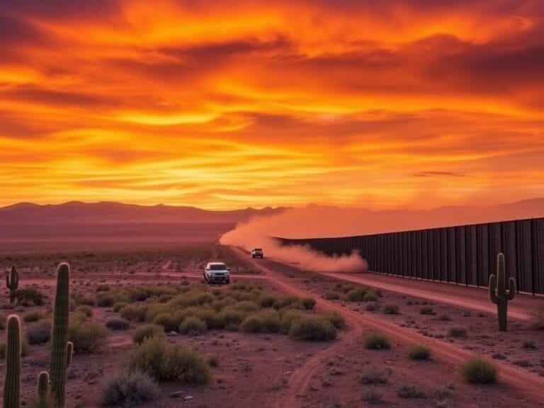 Flick International A dramatic sunset over the southern Texas border, featuring a sturdy border wall and cacti.