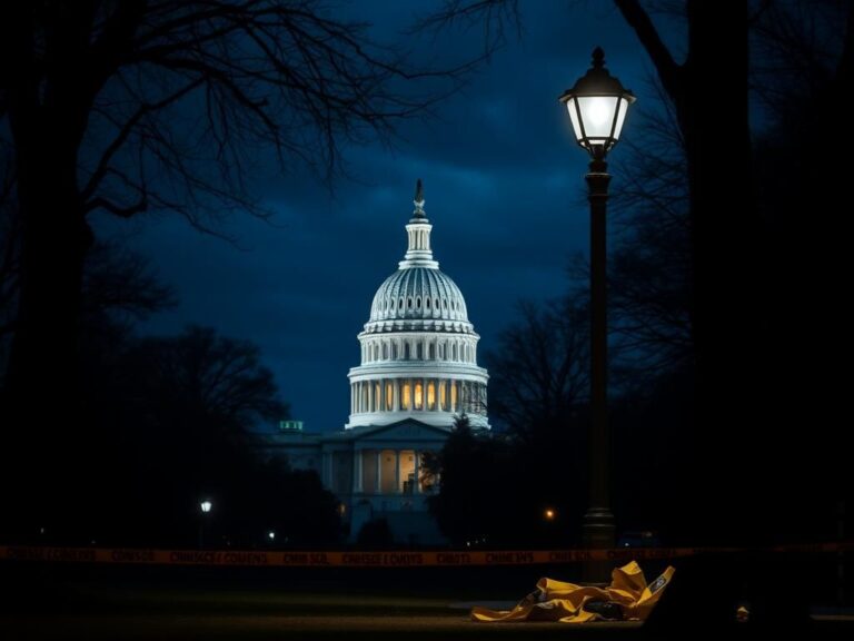 Flick International Nighttime view of the Capitol Building illuminated with crime scene tape hints