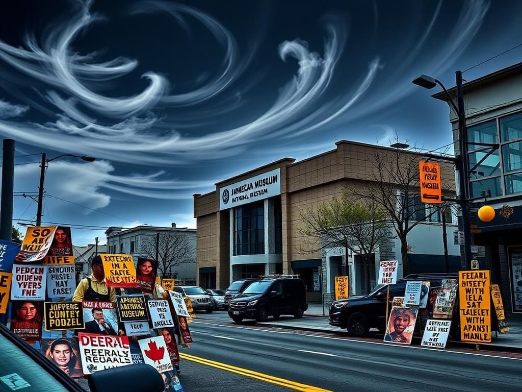 Flick International Protest signs against federal immigration actions in Little Tokyo, Los Angeles