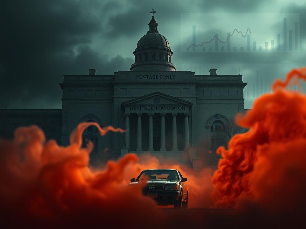 Flick International A dark, imposing building representing the Heritage Foundation surrounded by swirling abstract elements symbolizing emotional manipulation