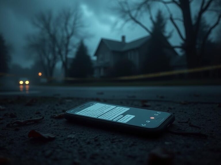 Flick International Dimly lit crime scene at King Road in Moscow, Idaho with illuminated smartphone showing messages