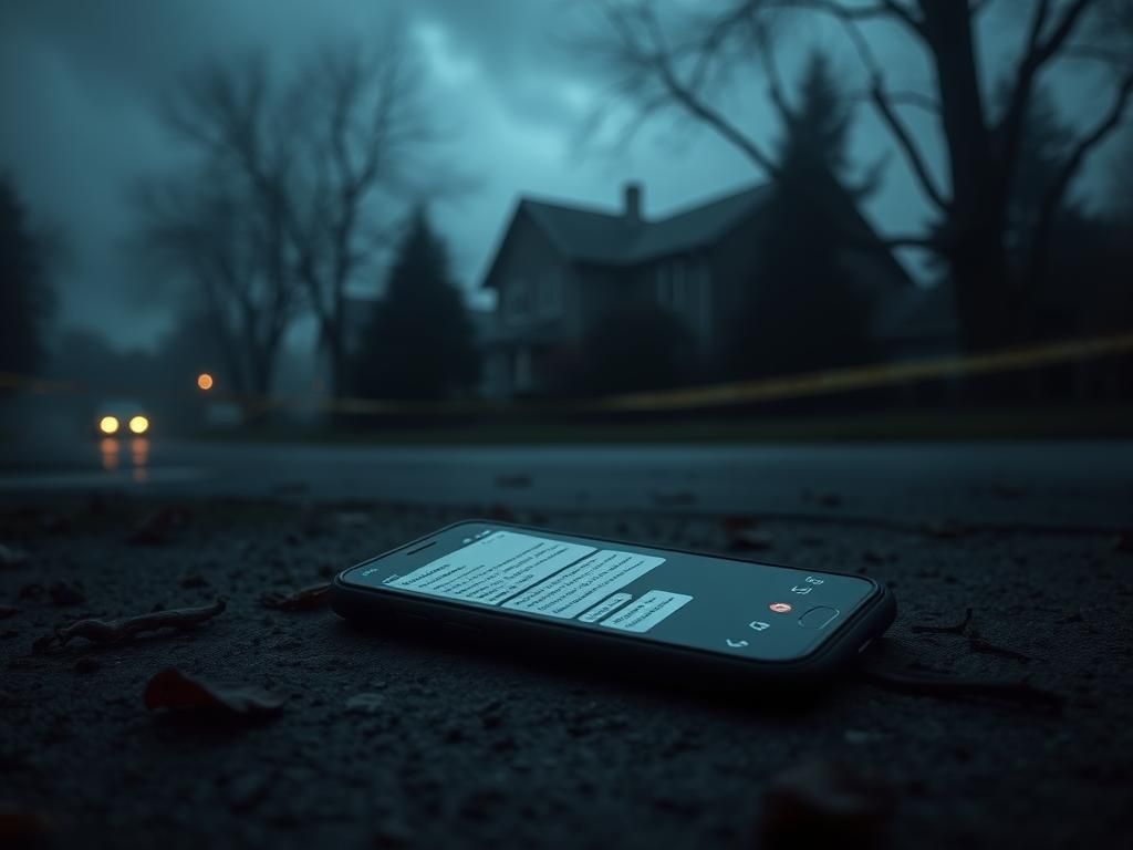 Flick International Dimly lit crime scene at King Road in Moscow, Idaho with illuminated smartphone showing messages