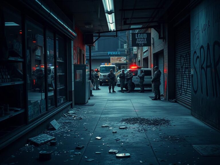 Flick International Dimly-lit convenience store interior with shattered glass and vandalized windows, depicting youth crime chaos.