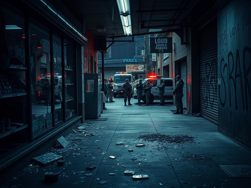 Flick International Dimly-lit convenience store interior with shattered glass and vandalized windows, depicting youth crime chaos.