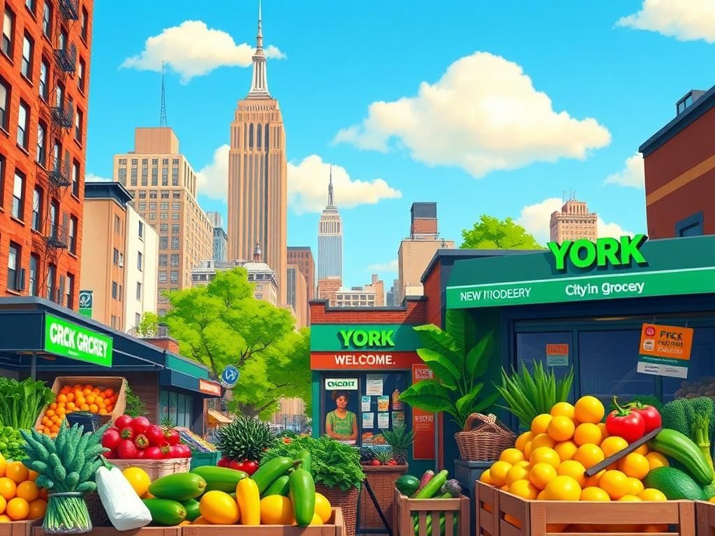 Flick International A vibrant cityscape of New York City showing a bustling street market with fresh produce and a city-run grocery store.