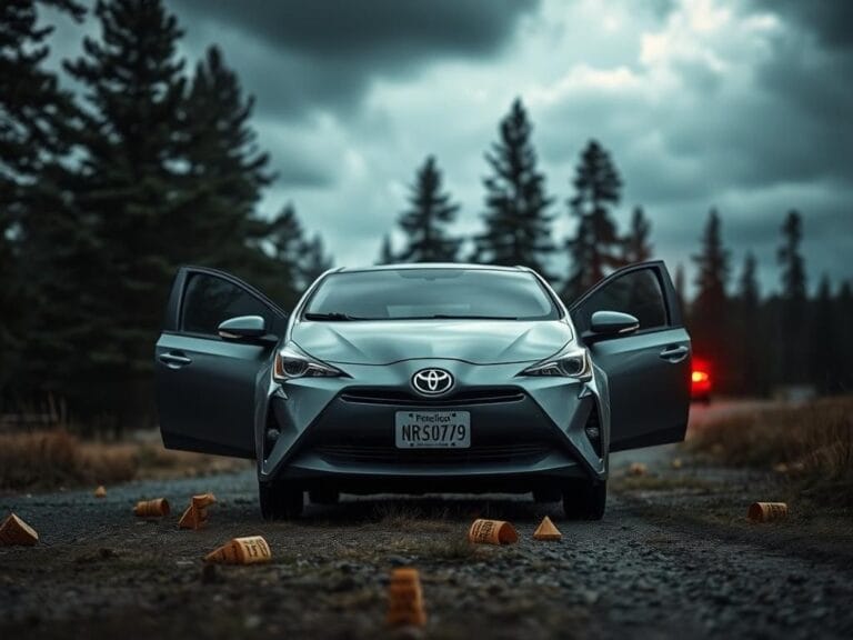 Flick International Vintage Toyota Prius parked in a Vermont landscape with evidence markers, depicting a recent law enforcement confrontation