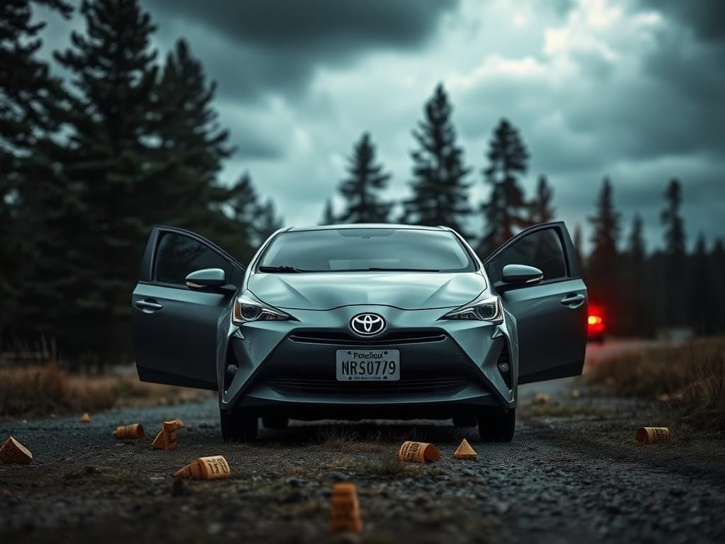 Flick International Vintage Toyota Prius parked in a Vermont landscape with evidence markers, depicting a recent law enforcement confrontation