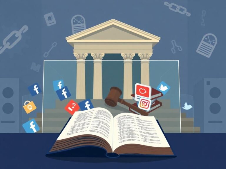 Flick International Illustration of a stylized courtroom with a judge's bench, gavel, and First Amendment text, representing the Supreme Court and social media restrictions.