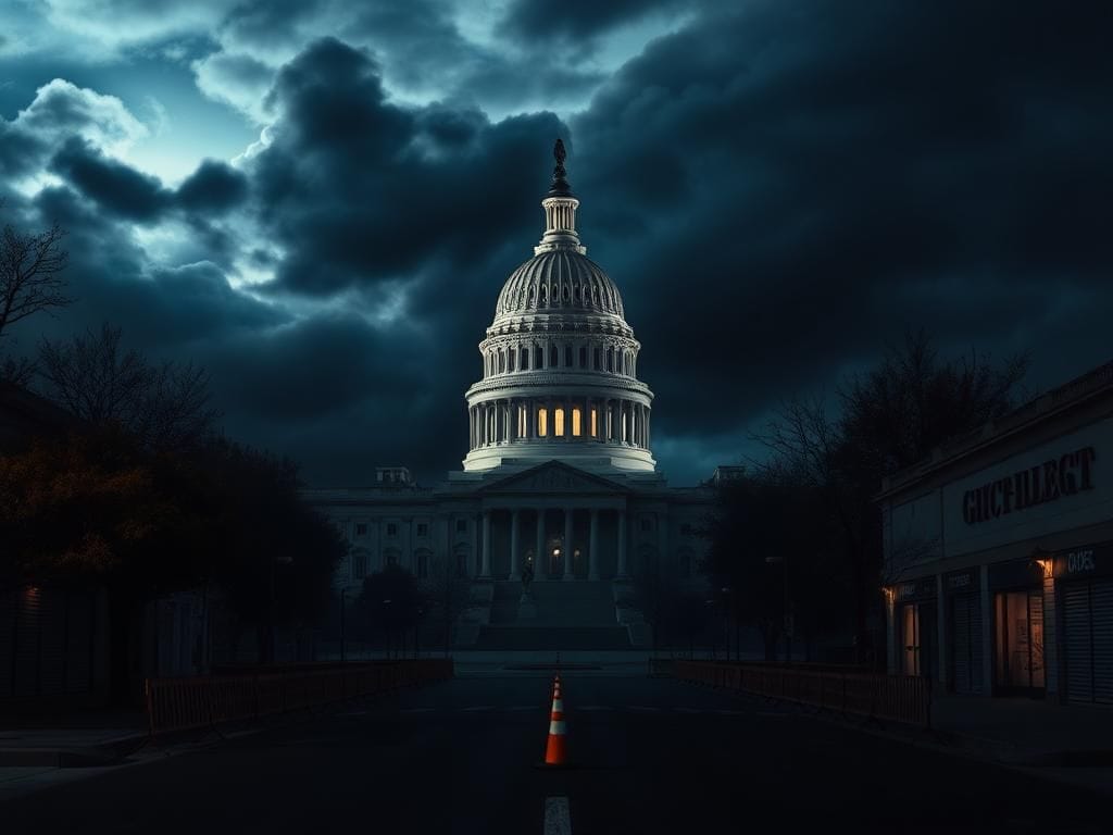 Flick International A powerful depiction of the U.S. Capitol building shrouded in shadows amidst an ominous sky