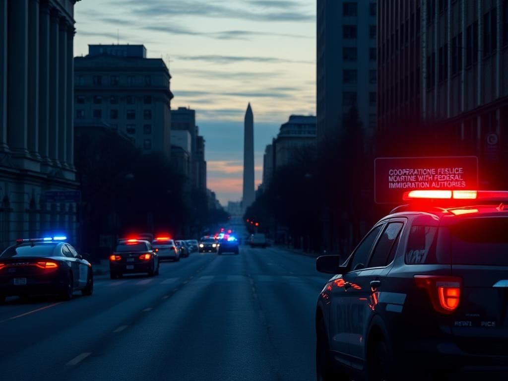 Flick International Somber urban landscape of an empty Washington D.C. street at dusk with police cars and a digital billboard about immigration cooperation