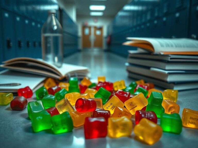 Flick International Close-up of colorful THC-infused gummy bears on a school desk