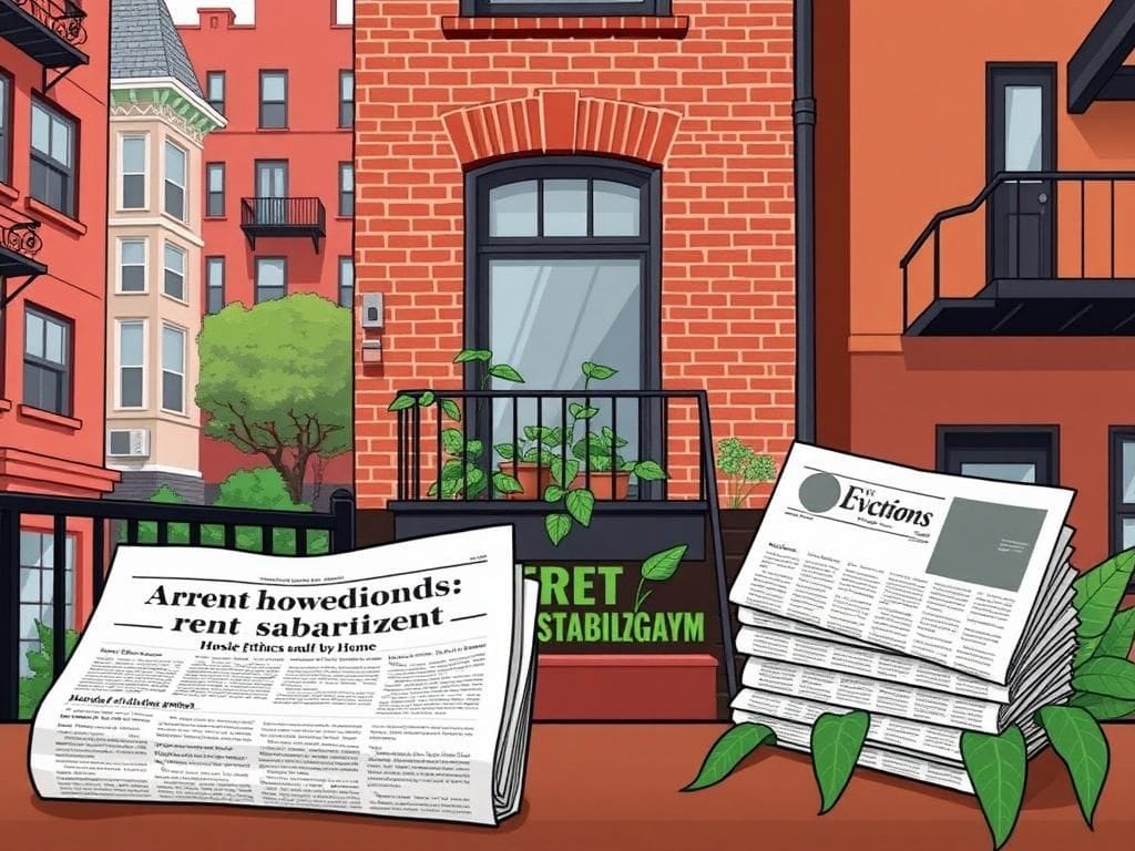 Flick International Exterior view of a rent-stabilized apartment in Astoria, NYC, showcasing brickwork and balcony.