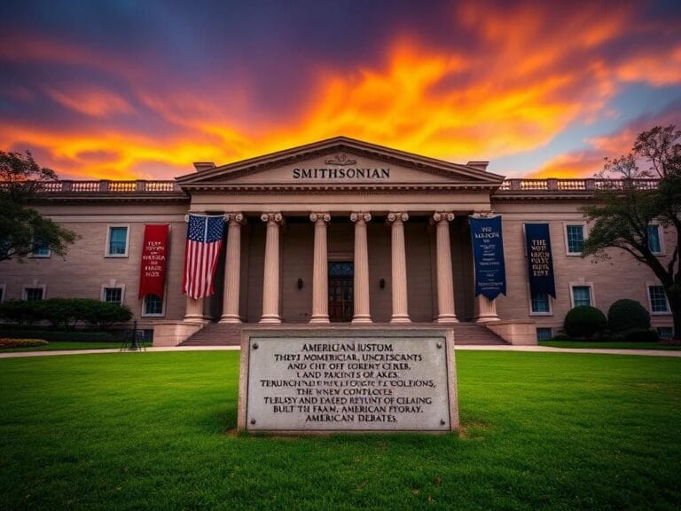 Flick International Classical architecture of the Smithsonian museum with American flag and historical banners