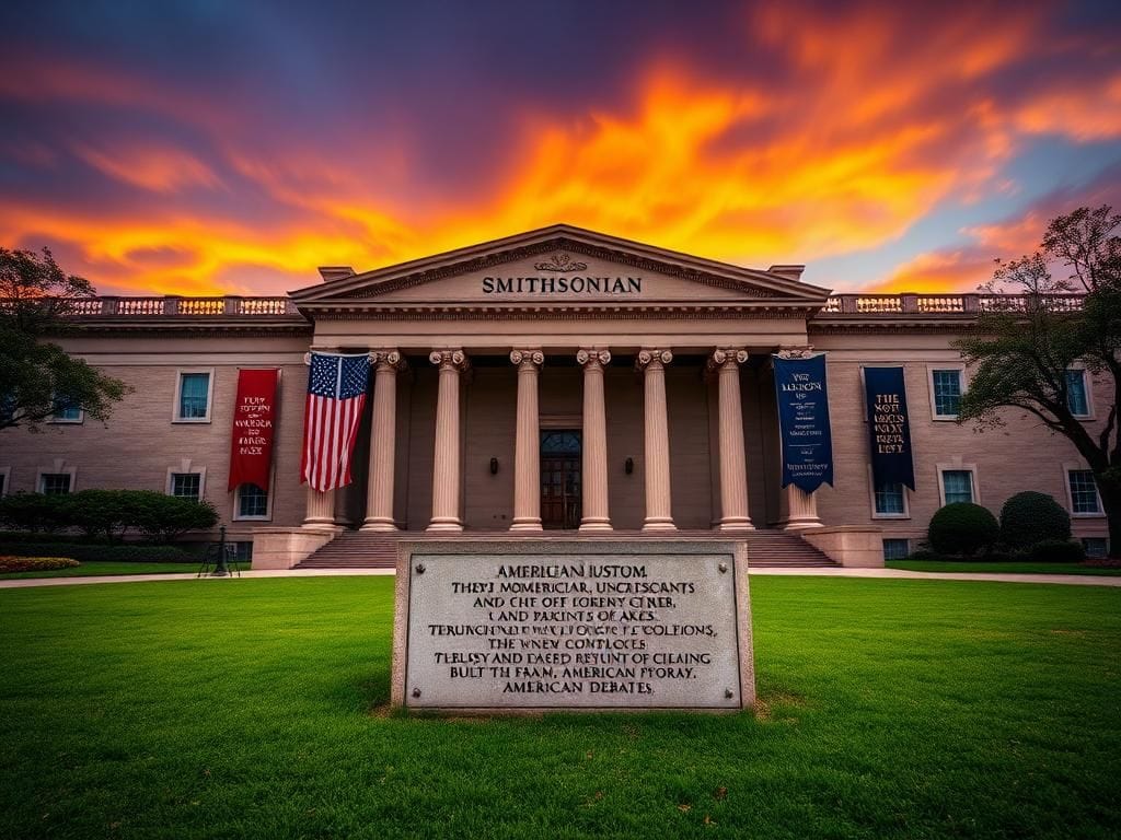 Flick International Classical architecture of the Smithsonian museum with American flag and historical banners