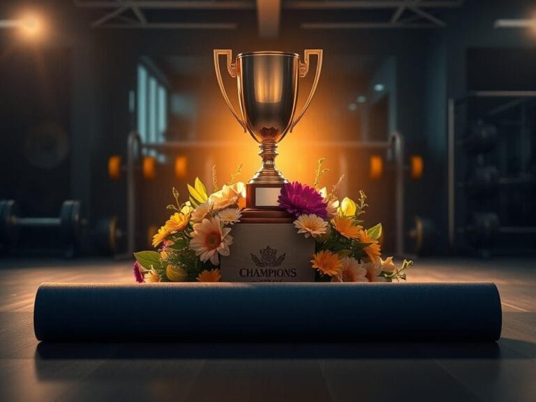 Flick International Trophy on a pedestal in a dimly lit gym with bodybuilding equipment