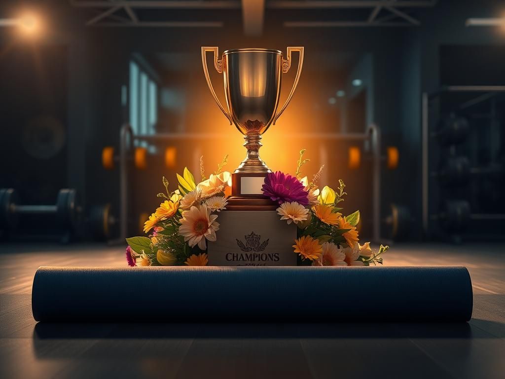 Flick International Trophy on a pedestal in a dimly lit gym with bodybuilding equipment