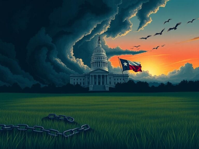 Flick International Illustration of a Texas landscape with dark storm clouds and the Texas Capitol building symbolizing political turmoil