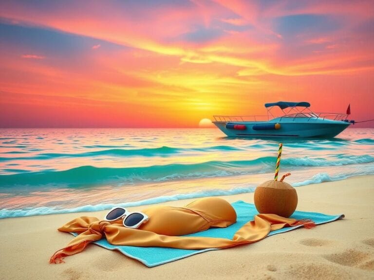 Flick International Stylish gold bikini laid out on a beach towel on a serene tropical beach