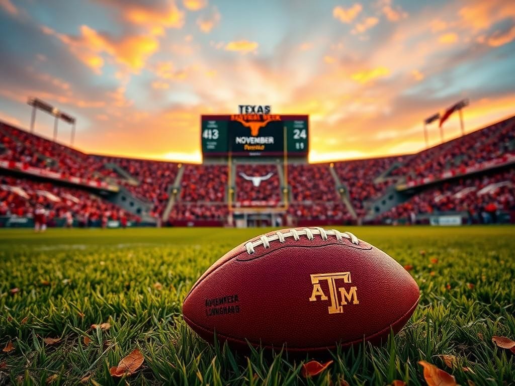 Flick International A vibrant college football stadium during sunset with a well-worn football in the foreground