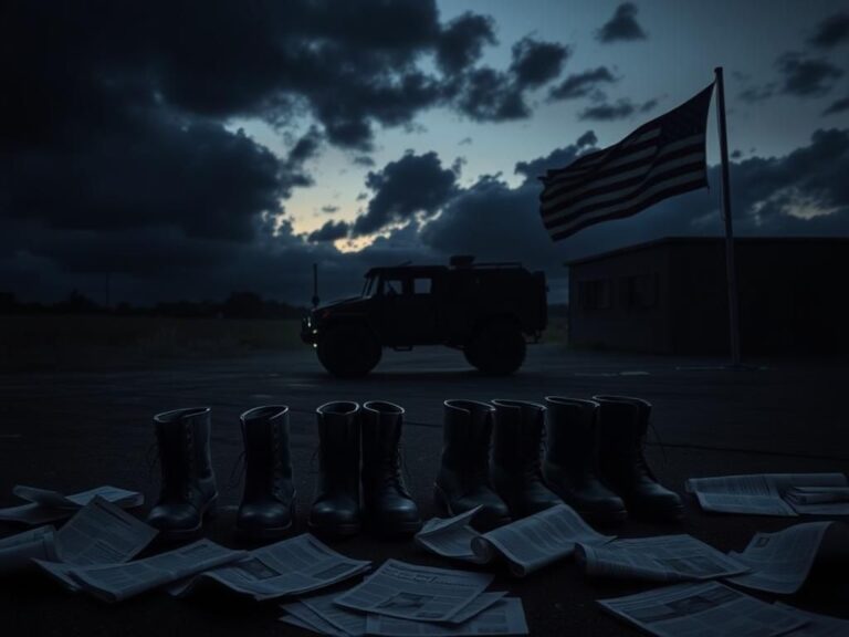 Flick International Somber military installation at dusk with imposing vehicle and military boots symbolizing order amidst chaos