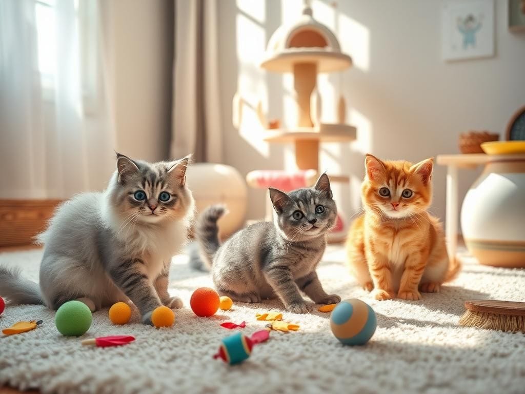 Flick International Three adorable cats of varying breeds playing with toys in a cozy indoor scene