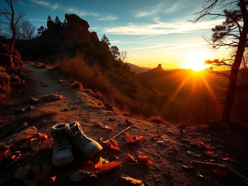 Flick International A serene yet ominous landscape of Devil’s Den State Park with abandoned children's hiking boots