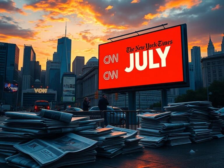 Flick International A sunset urban landscape featuring a digital billboard highlighting Fox News as the leading news brand amid fading competitors CNN and The New York Times.