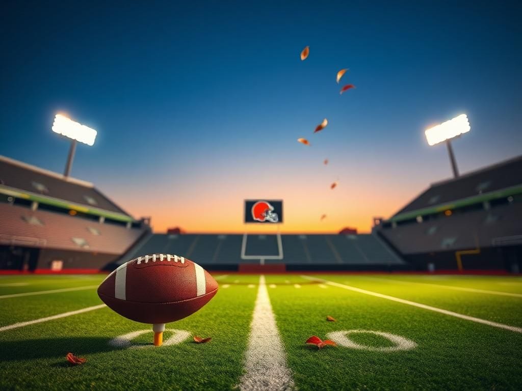 Flick International An empty football field with a football on a tee under stadium lights at dusk