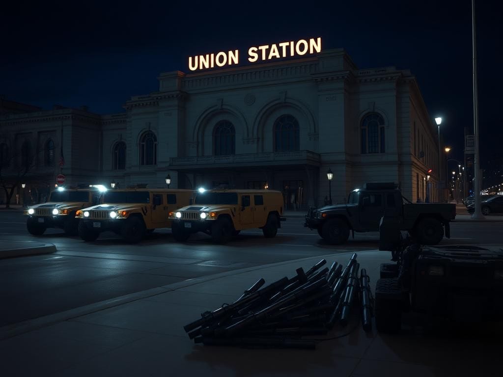 Flick International Humvees and military vehicles stationed outside Union Station, Washington, D.C.