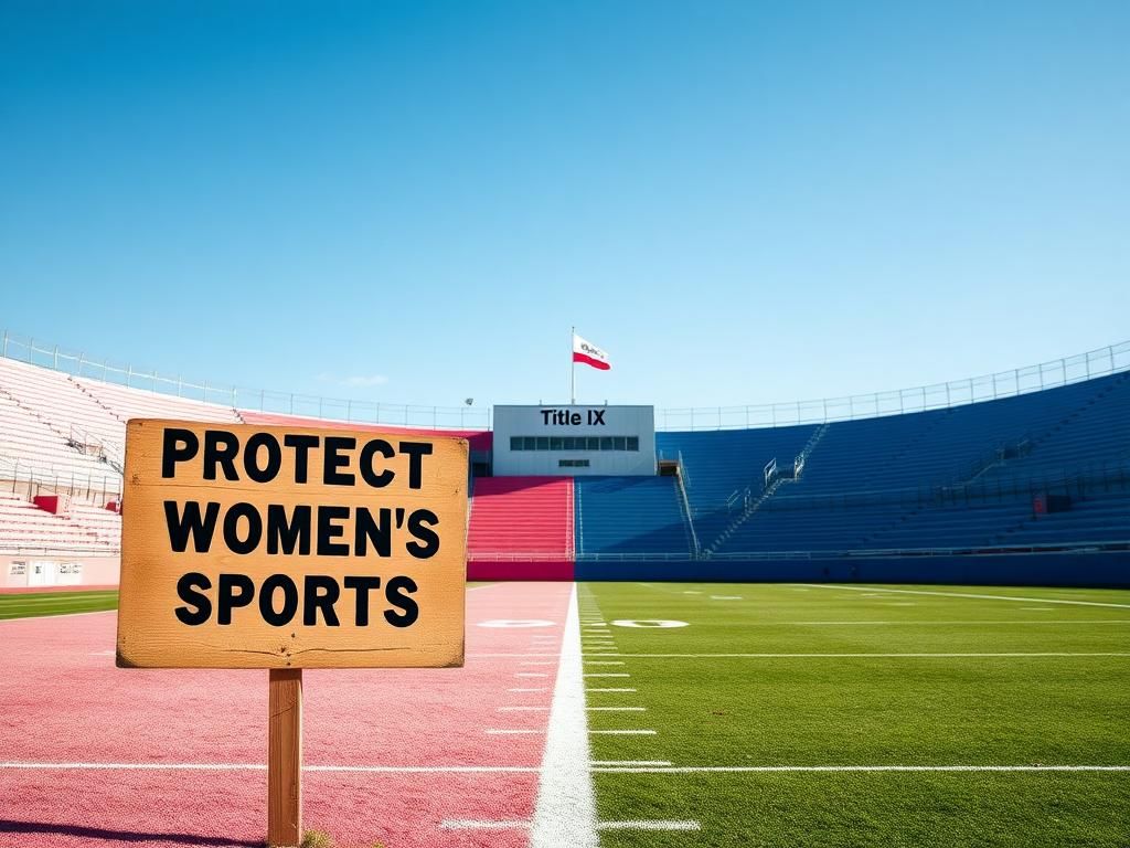 Flick International A sports field divided into girls' sports in pink and boys' sports in blue with a vintage sign 'Protect Women's Sports'.