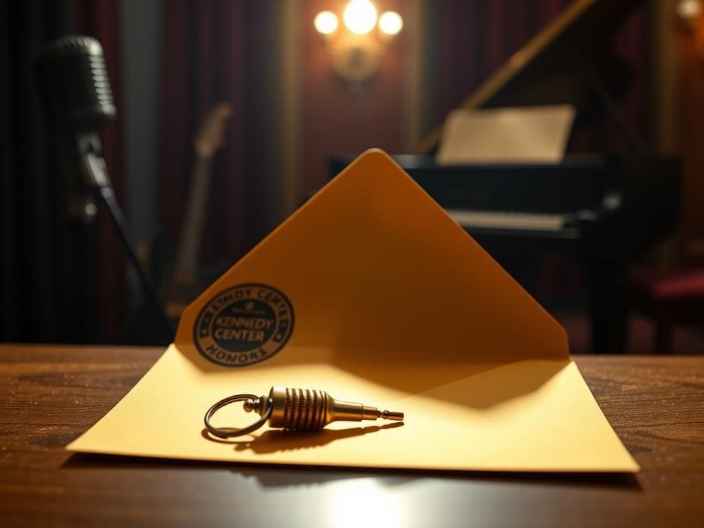 Flick International Gold envelope with Kennedy Center Honors emblem on a velvet-lined table