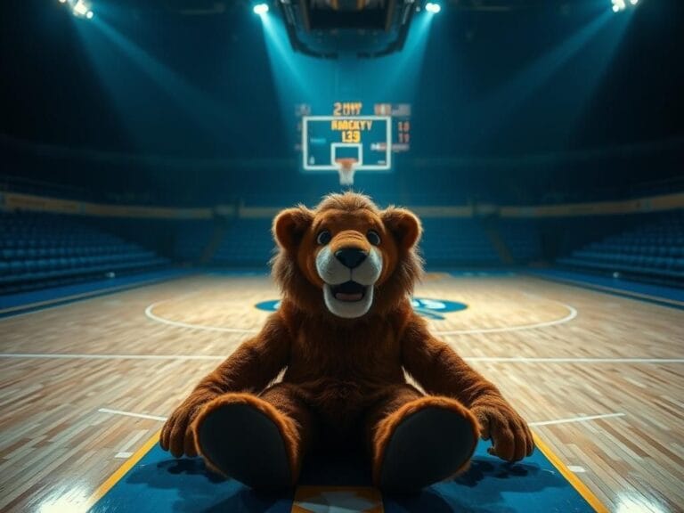 Flick International Empty Rocky the Mountain Lion mascot costume on a basketball court surrounded by Denver Nuggets colors