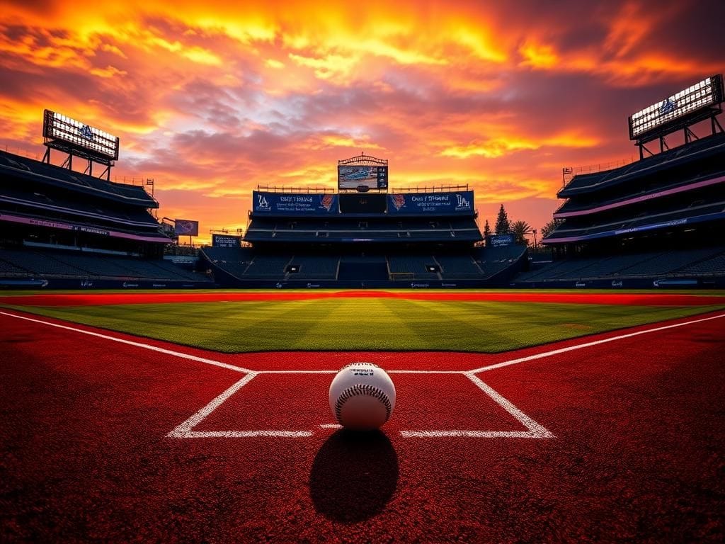 Flick International A vivid sunset over Dodger Stadium with a baseball diamond in the foreground