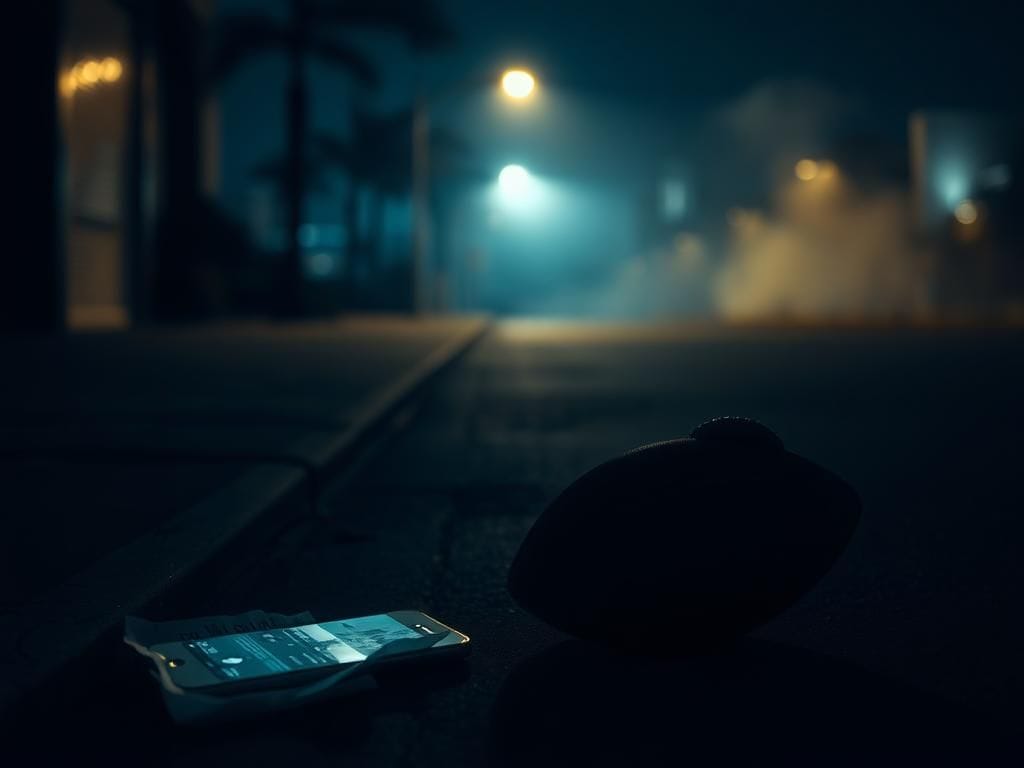 Flick International Dimly lit urban street at night with a crumpled paper and broken cell phone screen