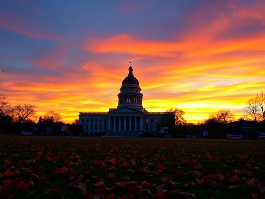 Flick International Virginia State Capitol silhouette against a sunset sky with autumn leaves