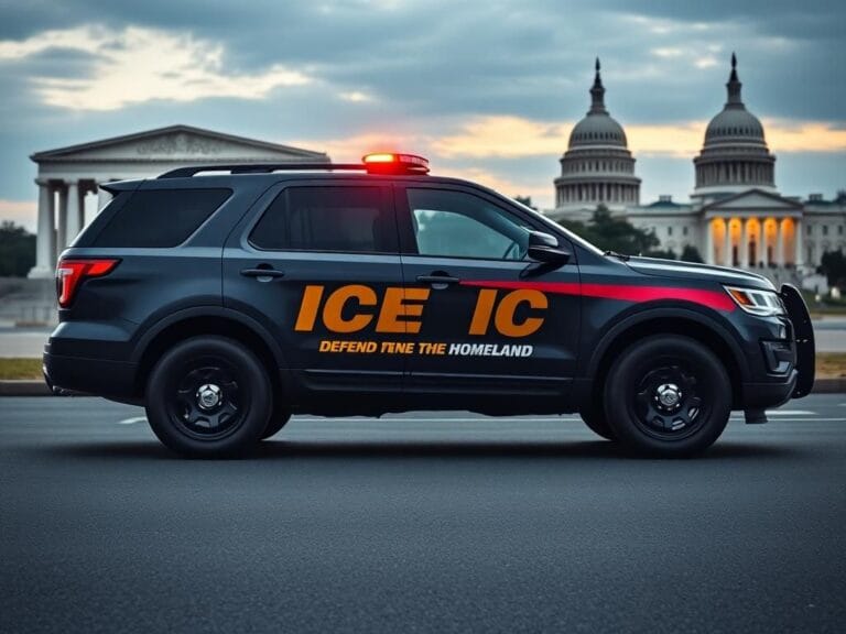 Flick International Dark navy SUV with bold red and gold striping featuring large gold 'ICE' lettering parked in front of Washington, D.C. landmarks.