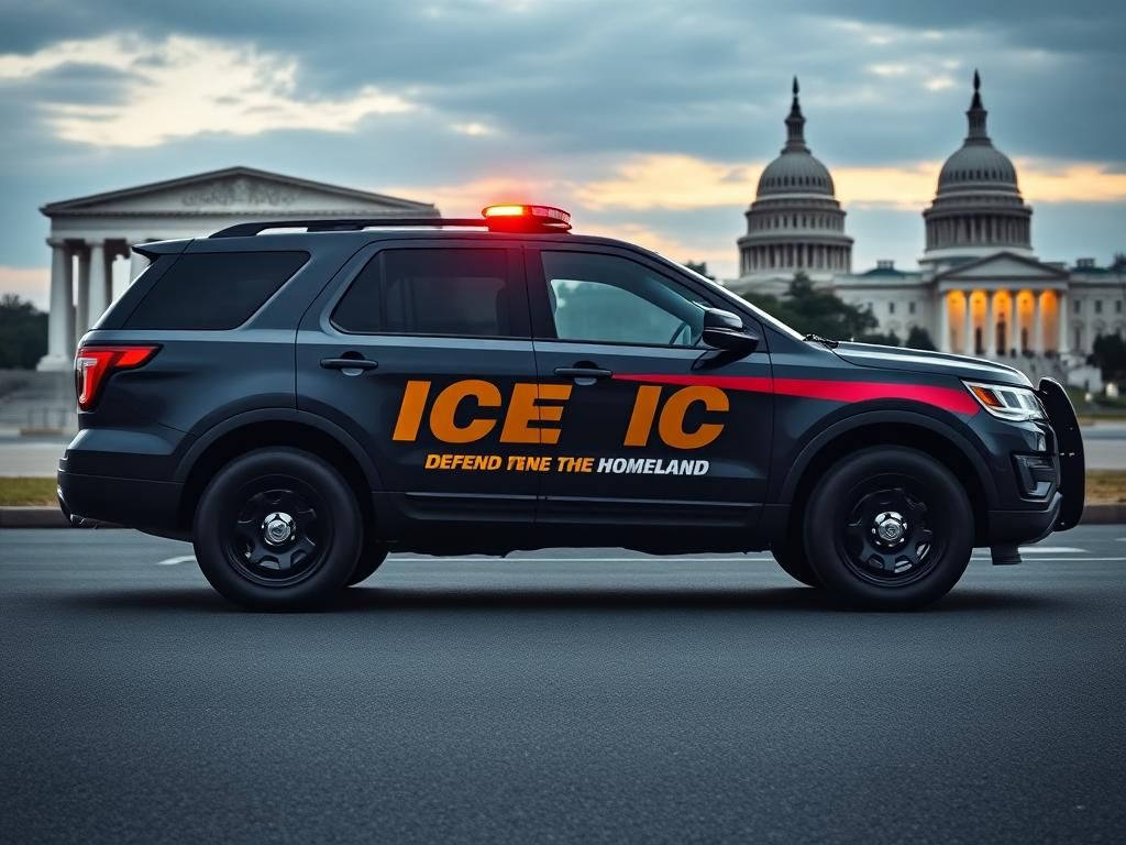 Flick International Dark navy SUV with bold red and gold striping featuring large gold 'ICE' lettering parked in front of Washington, D.C. landmarks.