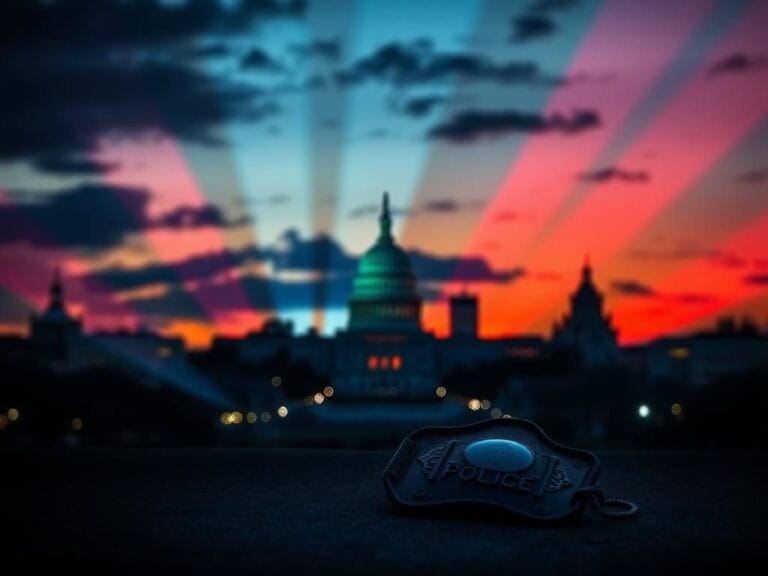 Flick International A shadowed police badge on the ground with the Washington, D.C. skyline in the background at dusk