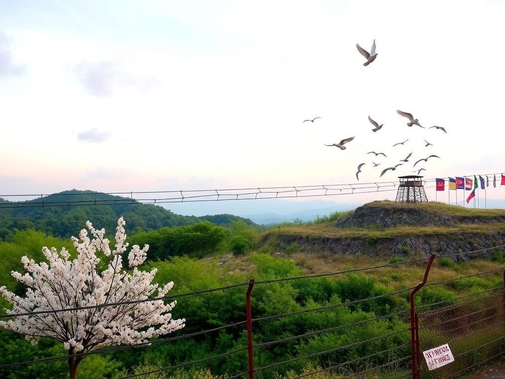 Flick International Panoramic view of the Korean Demilitarized Zone showcasing cherry blossoms and barbed wire fence